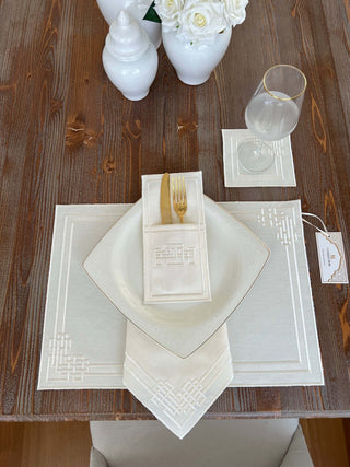 Pyramid Design Off White Placemat Set - Waterproof Fabric - 6 Persons - 24 Pcs. Full Set