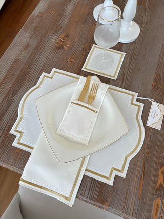 Graceful Gold Design Placemat Set - Waterproof Fabric - 6 Persons - 24 Pcs. Full Set