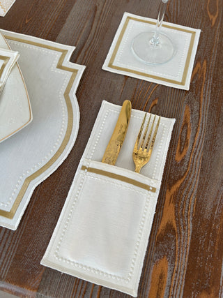 Graceful Gold Design Placemat Set - Waterproof Fabric - 6 Persons - 24 Pcs. Full Set