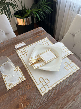 Classy Gold Design Placemat Set - Waterproof Fabric - 6 Persons - 24 Pcs. Full Set