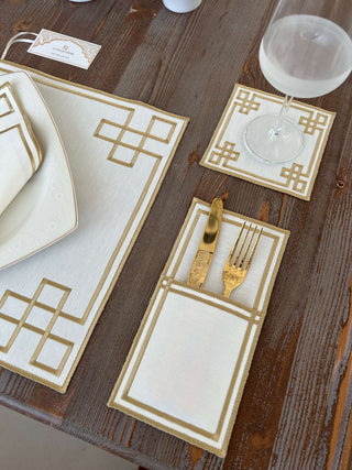 Classy Gold Design Placemat Set - Waterproof Fabric - 6 Persons - 24 Pcs. Full Set