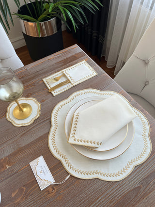 Leafy Allure Gold Design Placemat Set - Waterproof Fabric - 6 Persons - 24 Pcs. Full Set