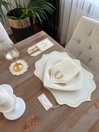 Laurel Wreath Gold Design Placemat Set - Waterproof Fabric - 6 Persons - 24 Pcs. Full Set