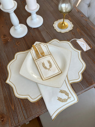 Laurel Wreath Gold Design Placemat Set - Waterproof Fabric - 6 Persons - 24 Pcs. Full Set