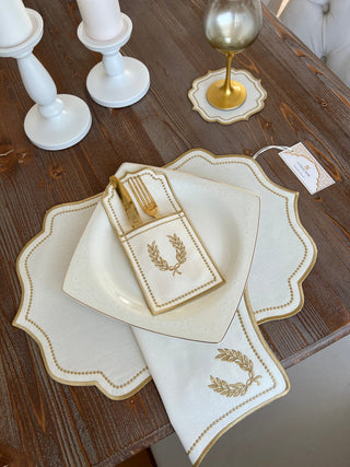 Laurel Wreath Gold Design Placemat Set - Waterproof Fabric - 6 Persons - 24 Pcs. Full Set