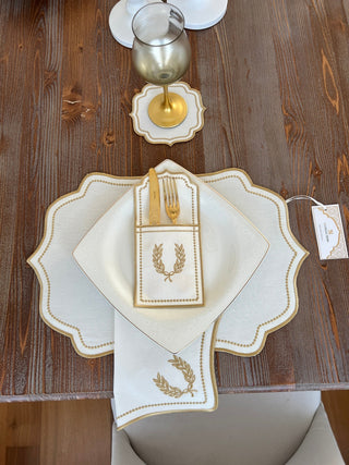 Laurel Wreath Gold Design Placemat Set - Waterproof Fabric - 6 Persons - 24 Pcs. Full Set