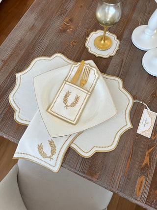 Laurel Wreath Gold Design Placemat Set - Waterproof Fabric - 6 Persons - 24 Pcs. Full Set