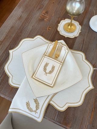 Laurel Wreath Gold Design Placemat Set - Waterproof Fabric - 6 Persons - 24 Pcs. Full Set