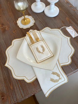 Laurel Wreath Gold Design Placemat Set - Waterproof Fabric - 6 Persons - 24 Pcs. Full Set