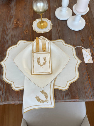 Laurel Wreath Gold Design Placemat Set - Waterproof Fabric - 6 Persons - 24 Pcs. Full Set