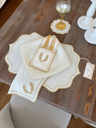 Laurel Wreath Gold Design Placemat Set - Waterproof Fabric - 6 Persons - 24 Pcs. Full Set