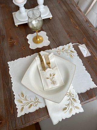 Wheat Branch Gold Design Placemat Set - Waterproof Fabric - 6 Persons - 24 Pcs. Full Set