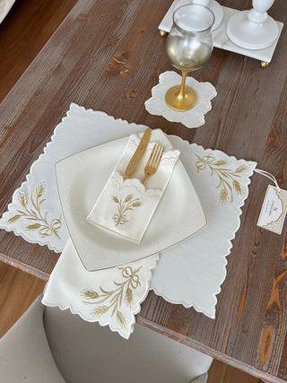 Wheat Branch Gold Design Placemat Set - Waterproof Fabric - 6 Persons - 24 Pcs. Full Set