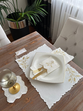 Wheat Branch Gold Design Placemat Set - Waterproof Fabric - 6 Persons - 24 Pcs. Full Set