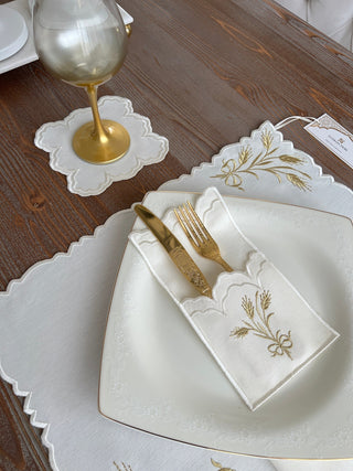 Wheat Branch Gold Design Placemat Set - Waterproof Fabric - 6 Persons - 24 Pcs. Full Set