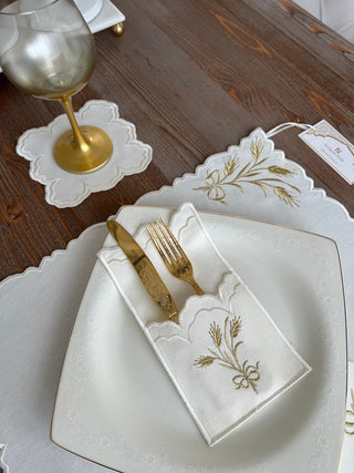 Wheat Branch Gold Design Placemat Set - Waterproof Fabric - 6 Persons - 24 Pcs. Full Set