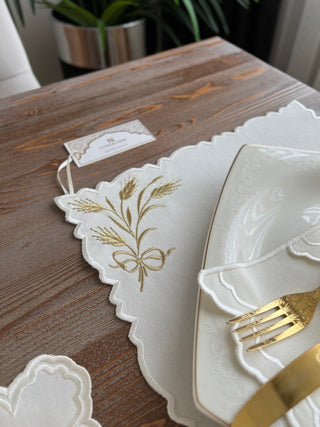 Wheat Branch Gold Design Placemat Set - Waterproof Fabric - 6 Persons - 24 Pcs. Full Set