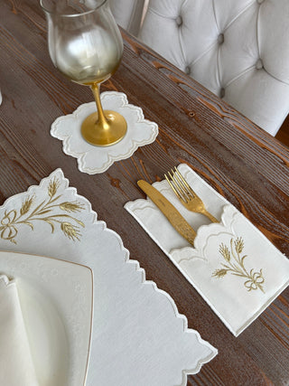 Wheat Branch Gold Design Placemat Set - Waterproof Fabric - 6 Persons - 24 Pcs. Full Set