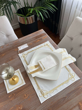 Gold Serenade Design Placemat Set - Waterproof Fabric - 6 Persons - 24 Pcs. Full Set