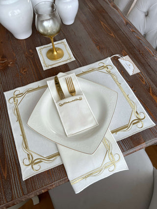 Gold Serenade Design Placemat Set - Waterproof Fabric - 6 Persons - 24 Pcs. Full Set