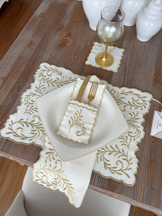 Lilac Soleil Gold Design Placemat Set - Waterproof Fabric - 6 Persons -  24 Pcs. Full Set