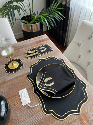 Laurel Wreath Dark Design Placemat Set - Waterproof Fabric - 6 Persons - 24 Pcs. Full Set