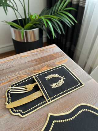 Laurel Wreath Dark Design Placemat Set - Waterproof Fabric - 6 Persons - 24 Pcs. Full Set