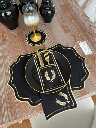 Laurel Wreath Dark Design Placemat Set - Waterproof Fabric - 6 Persons - 24 Pcs. Full Set