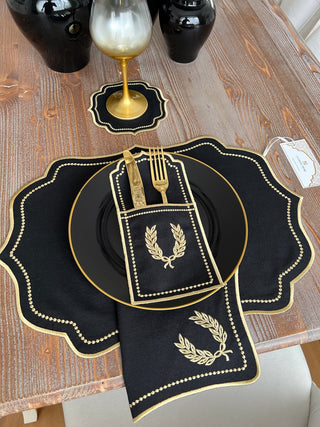 Laurel Wreath Dark Design Placemat Set - Waterproof Fabric - 6 Persons - 24 Pcs. Full Set