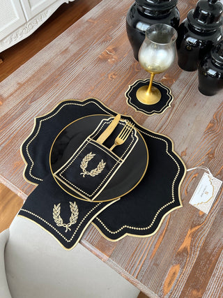 Laurel Wreath Dark Design Placemat Set - Waterproof Fabric - 6 Persons - 24 Pcs. Full Set