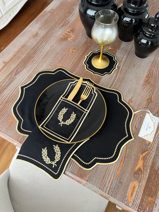 Laurel Wreath Dark Design Placemat Set - Waterproof Fabric - 6 Persons - 24 Pcs. Full Set