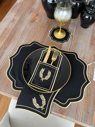 Laurel Wreath Dark Design Placemat Set - Waterproof Fabric - 6 Persons - 24 Pcs. Full Set