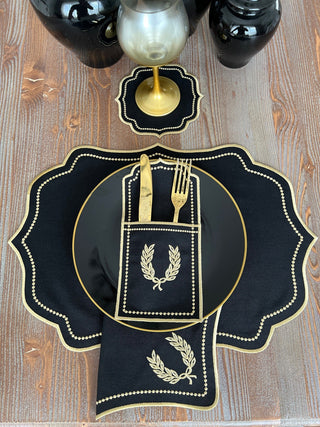 Laurel Wreath Dark Design Placemat Set - Waterproof Fabric - 6 Persons - 24 Pcs. Full Set