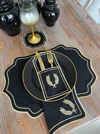 Laurel Wreath Dark Design Placemat Set - Waterproof Fabric - 6 Persons - 24 Pcs. Full Set