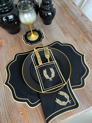 Laurel Wreath Dark Design Placemat Set - Waterproof Fabric - 6 Persons - 24 Pcs. Full Set