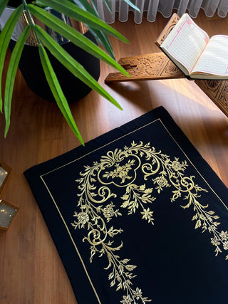 Ivy Design Luxury Prayer Rug - Gold Colour Embroidered On Black Fabric