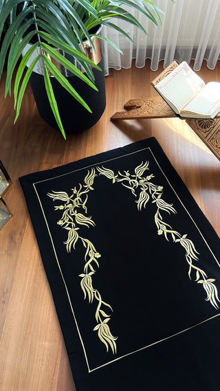 Tulip Design Luxury Prayer Rug - Gold Colour Embroidered On Black Fabric