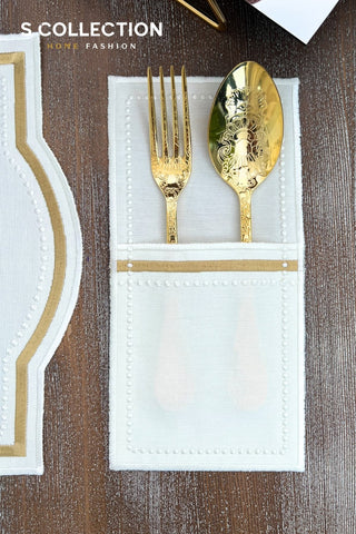 Graceful Gold Design Placemat Set - Waterproof Fabric - 6 Persons - 24 Pcs. Full Set